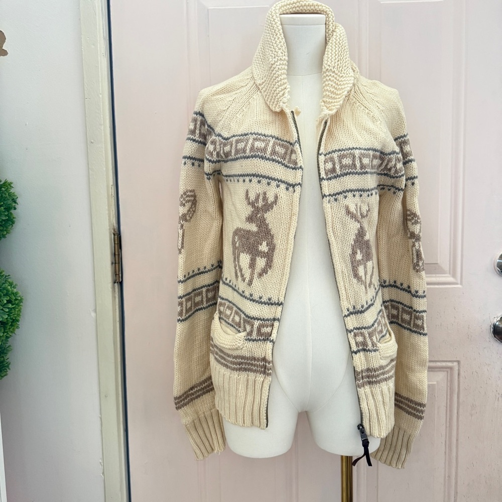 TNA Cream and Brown Zip-Up Sweater
